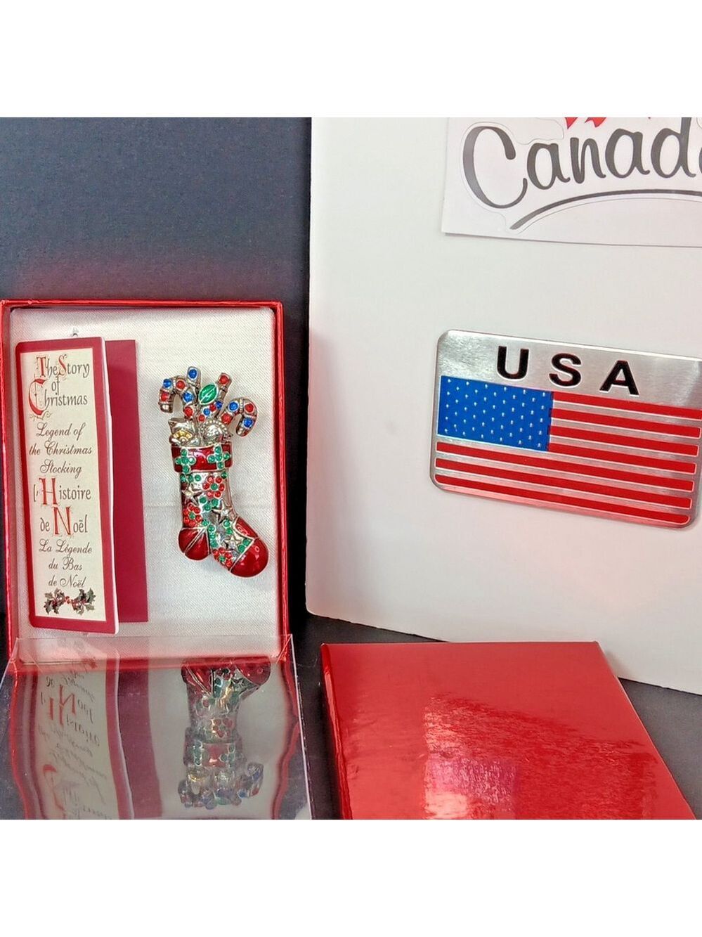 Pin or Brooch Christmas Stocking Candy Canes Design With Original Box Leaflet